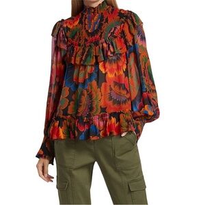 FARM RIO Colorful Flowers Smocked Yoke Blouse Mock Neck